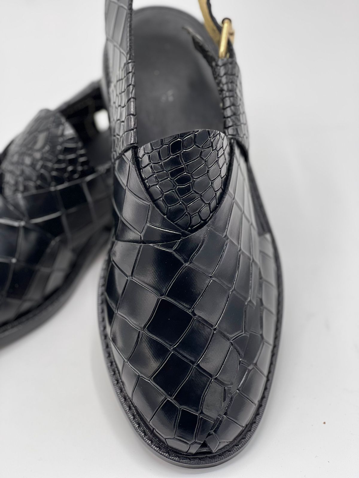 Leather Sole Peshawari Chappal- Croco Black
