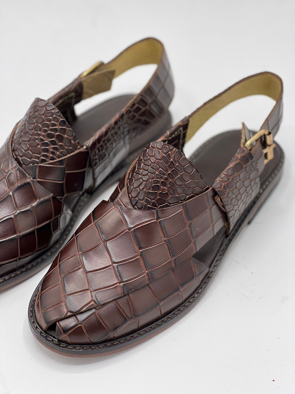 Leather Sole Peshawari Chappal - Croco Brown