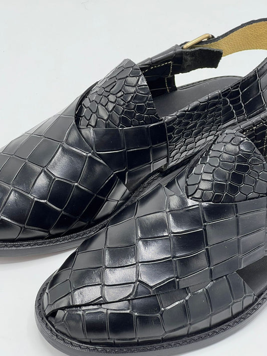 Leather Sole Peshawari Chappal- Croco Black