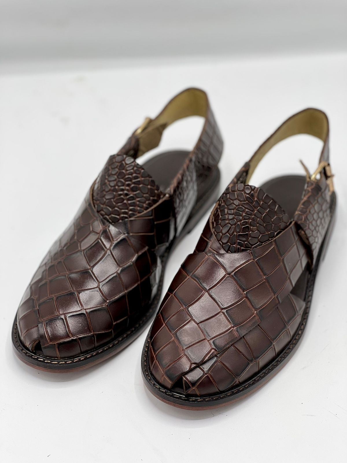 Leather Sole Peshawari Chappal - Croco Brown
